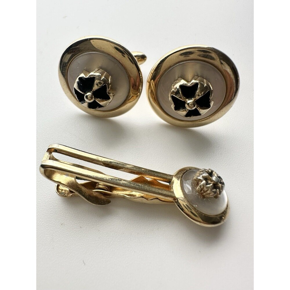 Vintage Swank Cuff Links & Tie BarClip Mother Of Pearl Gold Tone